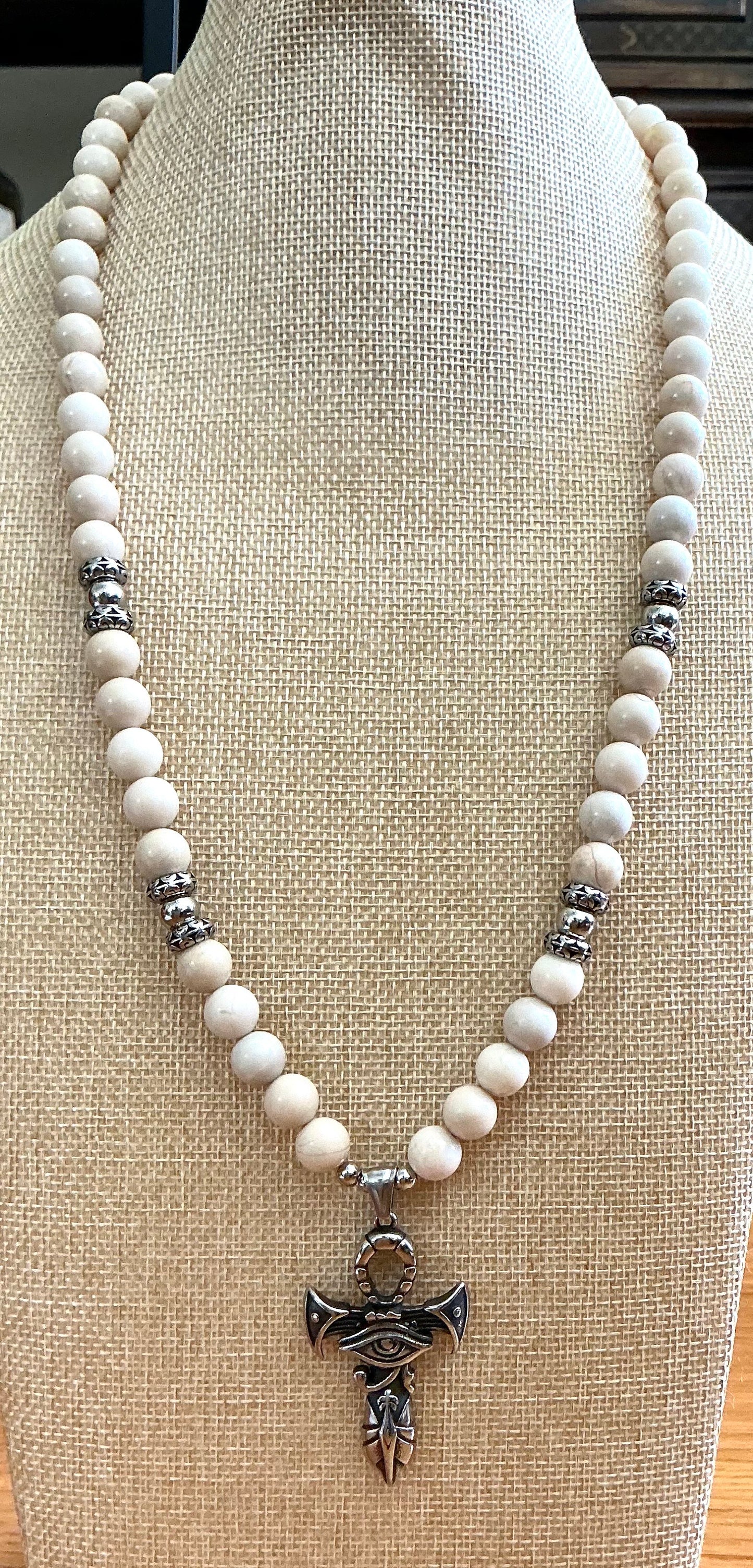 Handmade Fossil Jasper Necklace with Ankh Pendant
