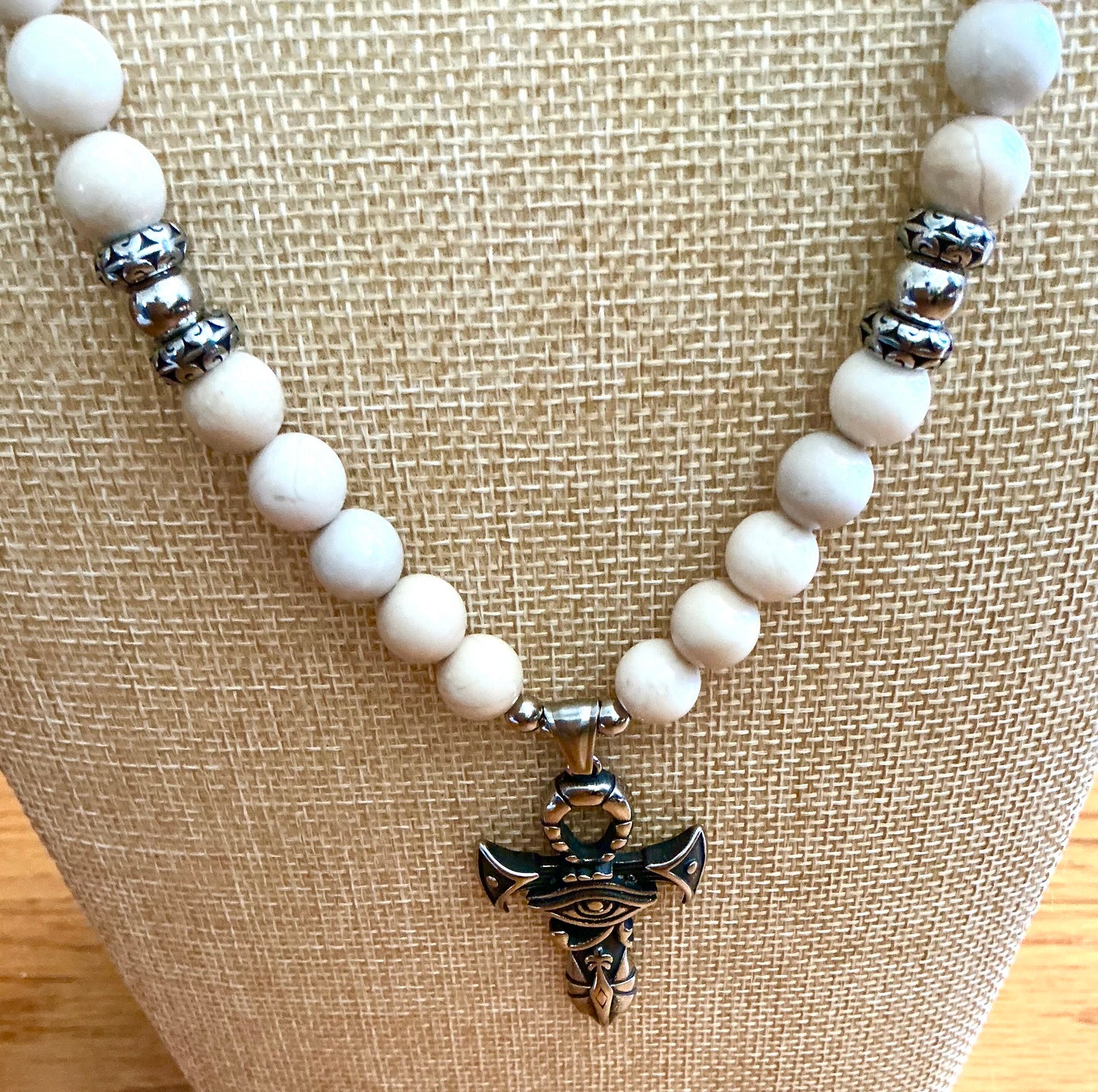 Handmade Fossil Jasper Necklace with Ankh Pendant