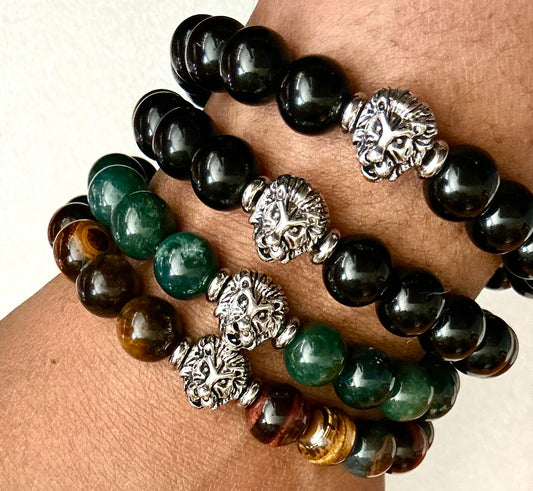 Lion Crytal Healing Bracelet (Obsidian, Aventurine or Multi Tiger's Eye)