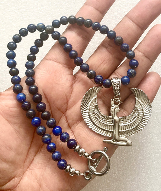 Handmade Lapis Lazuli Necklace with Ma'at Pendant | Spiritual Jewelry for Wisdom, Truth & Balance