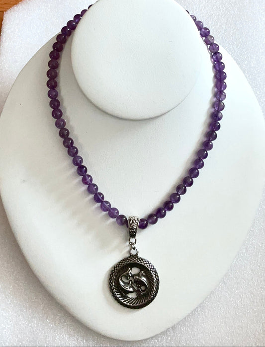 Amethyst Beaded Necklace with Pisces Pendant