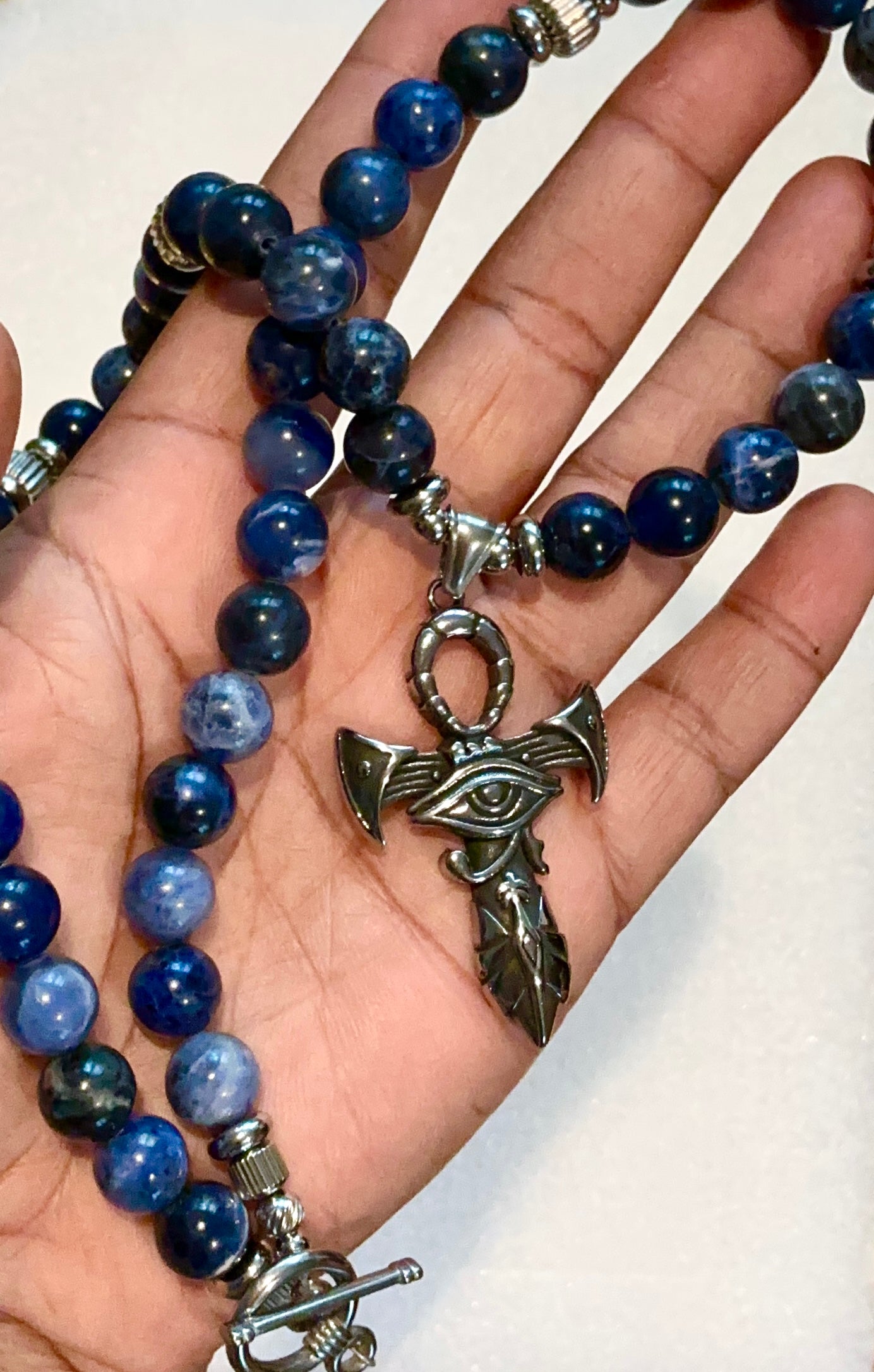 Sodalite Ankh Necklace with Eye of Ra Pendant