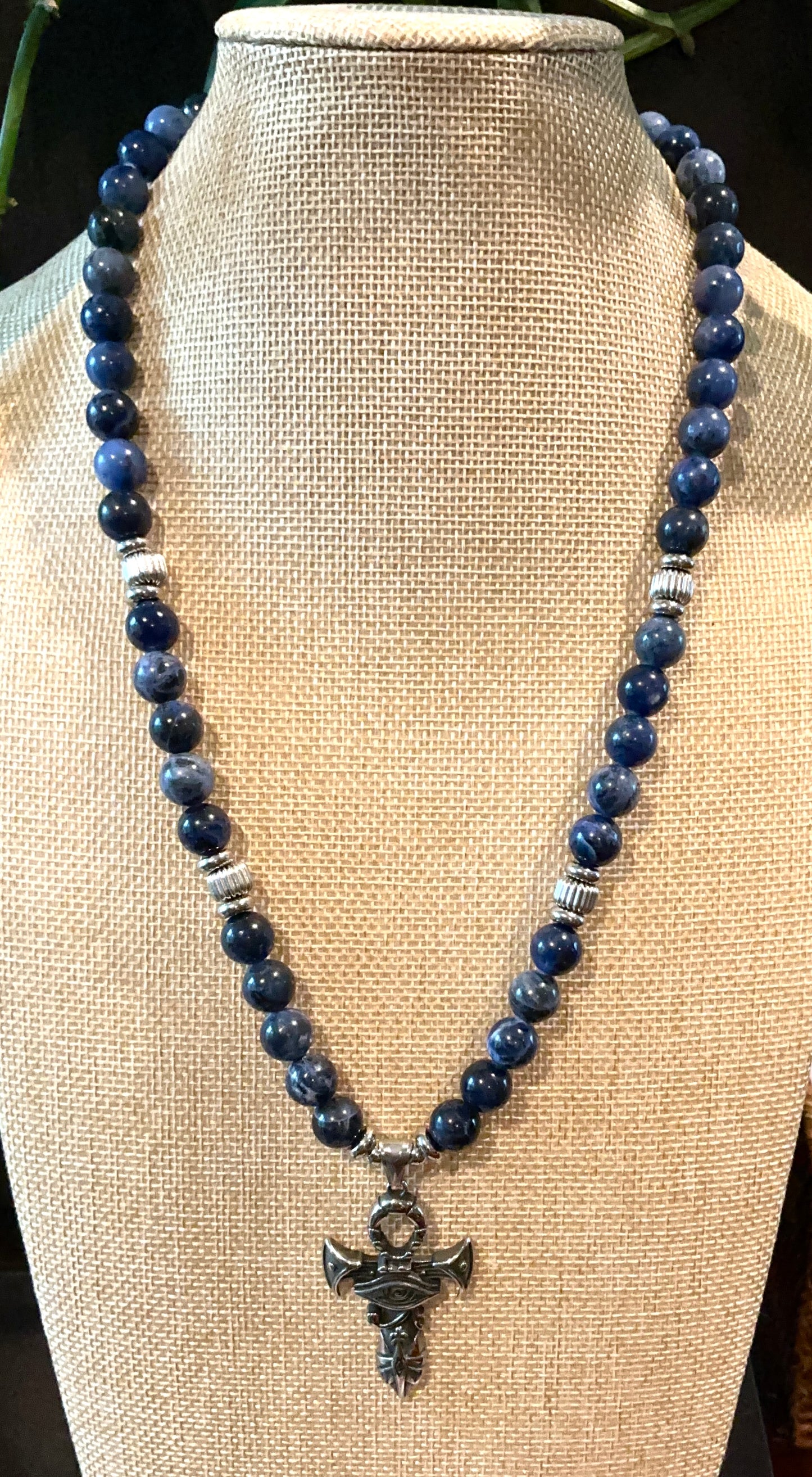 Sodalite Ankh Necklace with Eye of Ra Pendant
