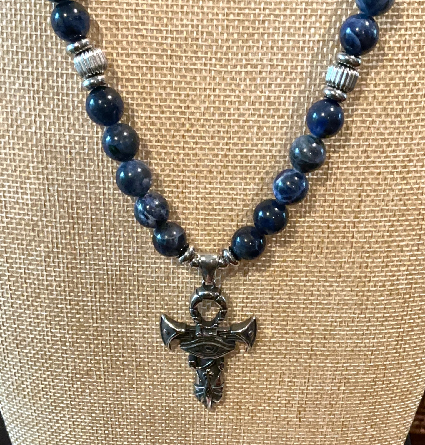 Sodalite Ankh Necklace with Eye of Ra Pendant