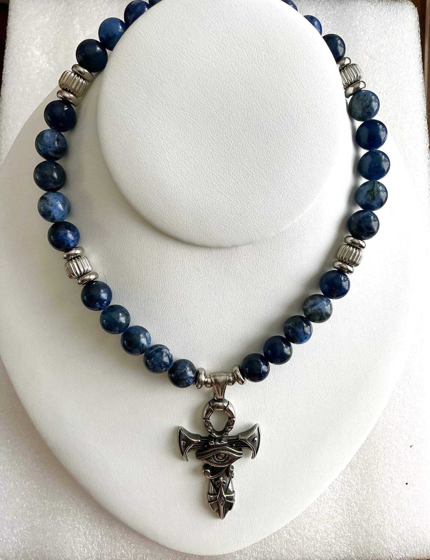 Sodalite Ankh Necklace with Eye of Ra Pendant