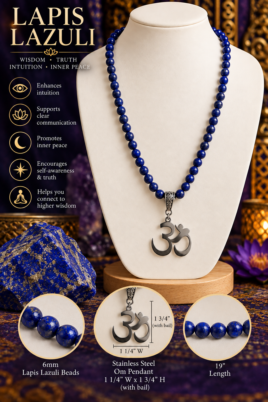 Lapis Lazuli Crystal Bead Necklace with Stainless Steel Om Pendant | Wisdom, Truth & Spiritual Awareness