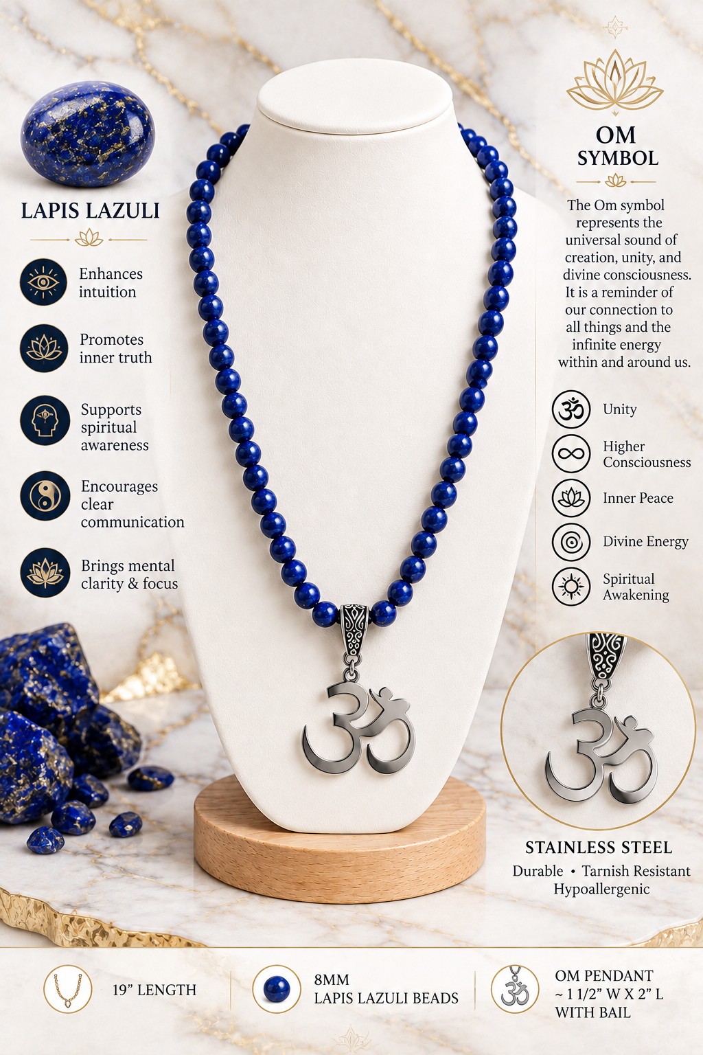 Lapis Lazuli Crystal Bead Necklace with Stainless Steel Om Pendant | Wisdom, Truth & Spiritual Awareness