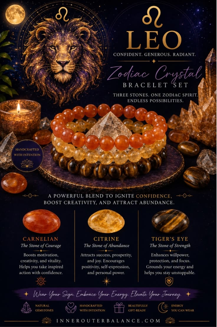 Leo Zodiac Crystal Bracelet Set | Best Crystals for Confidence, Leadership & Success