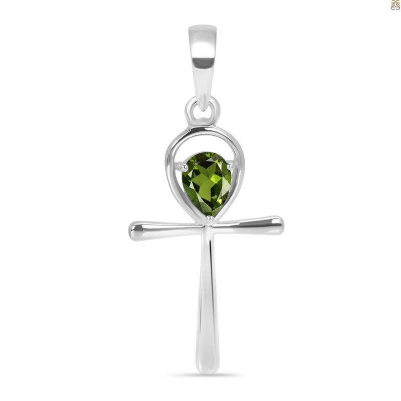 Moldavite Sterling Silver Ankh Pendant