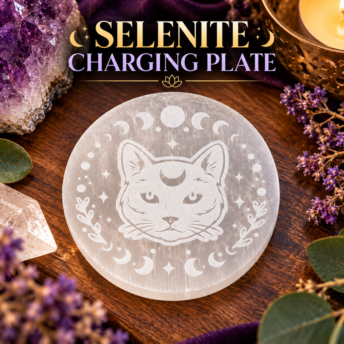 Mystical Cat Selenite Charging Plate | Moon Phase Crystal Cleansing Plate
