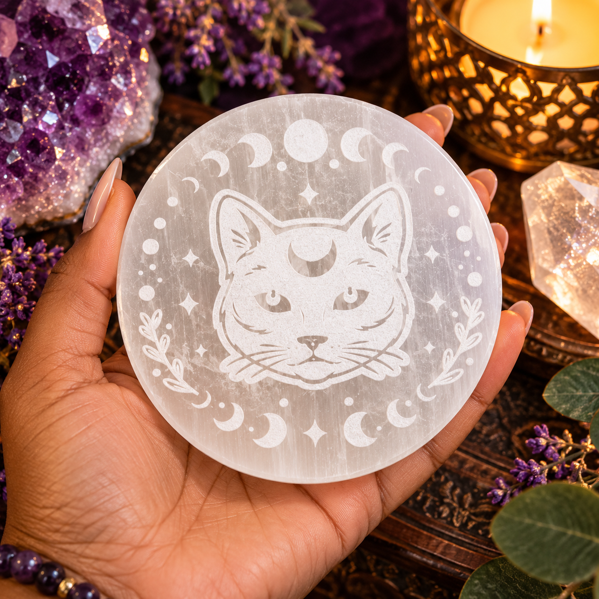 Mystical Cat Selenite Charging Plate | Moon Phase Crystal Cleansing Plate