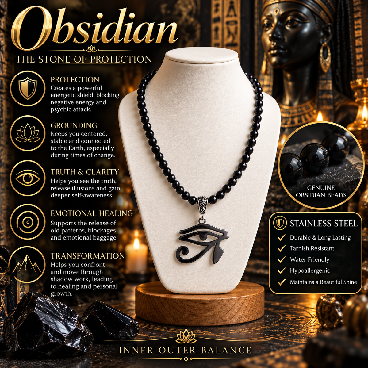 Eye of Ra Obsidian Crystal Necklace | Ancient Egyptian Protection & Power