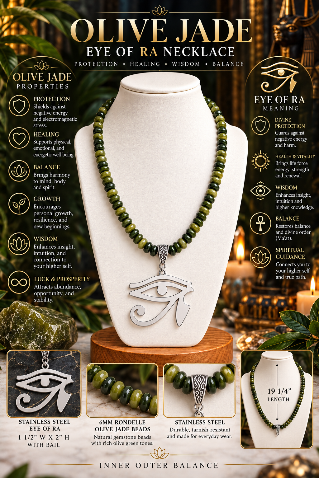 Olive Jade Eye of Ra Necklace | Stainless Steel Protection &amp; Balance Jewelry