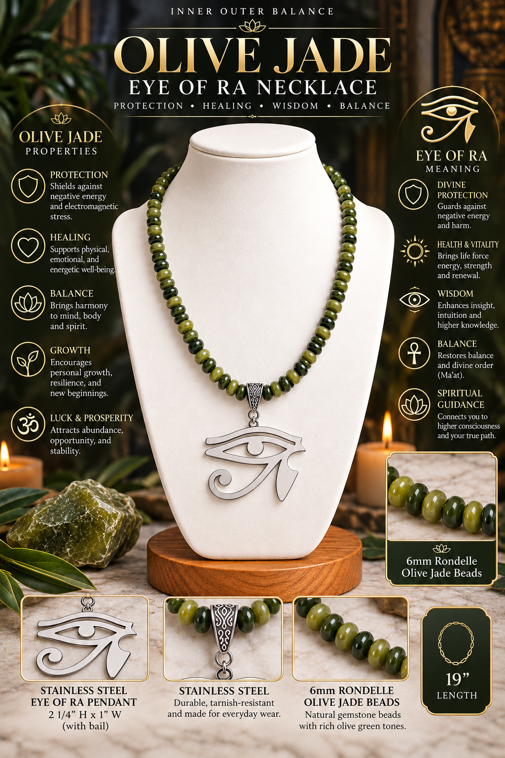 Olive Jade Eye of Ra Necklace | Stainless Steel Protection &amp; Balance Jewelry