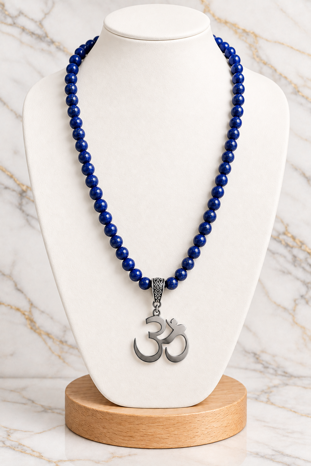 Lapis Lazuli Crystal Bead Necklace with Stainless Steel Om Pendant | Wisdom, Truth & Spiritual Awareness