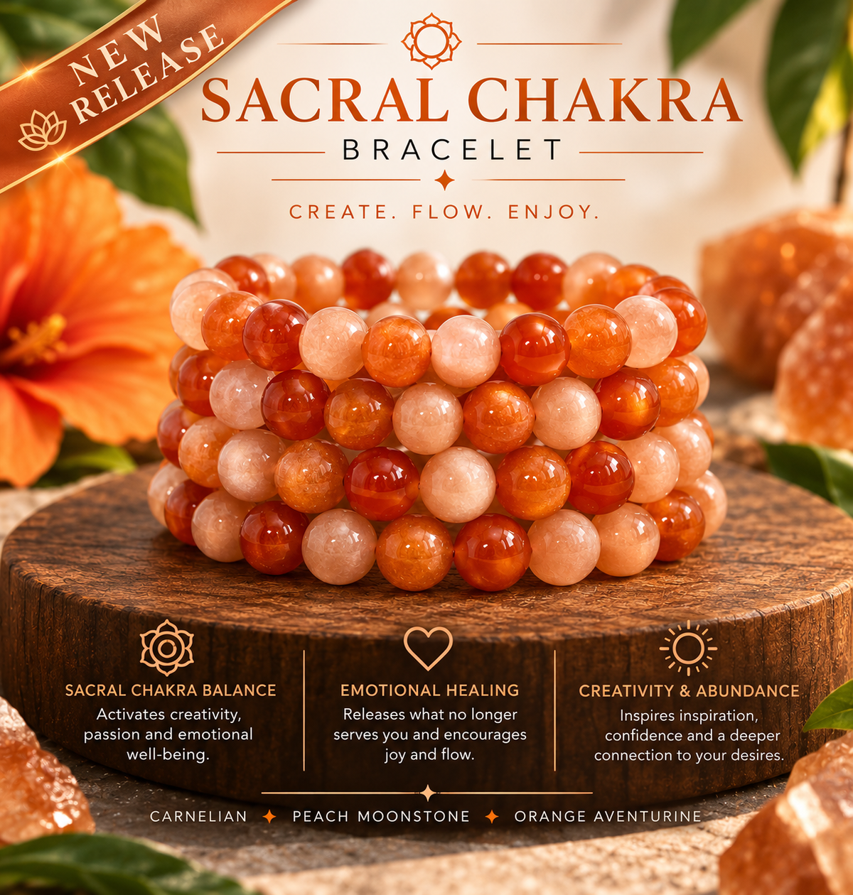 Sacral Chakra Crystal Bracelet | 8mm Carnelian, Peach Moonstone & Orange Aventurine