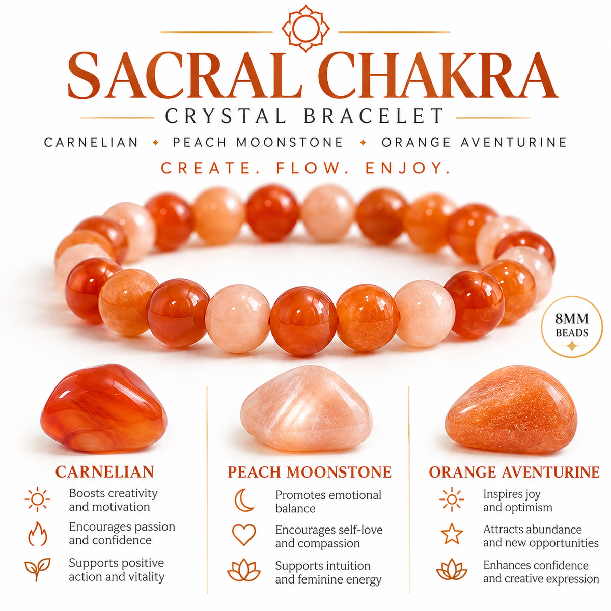 Sacral Chakra Crystal Bracelet | 8mm Carnelian, Peach Moonstone & Orange Aventurine