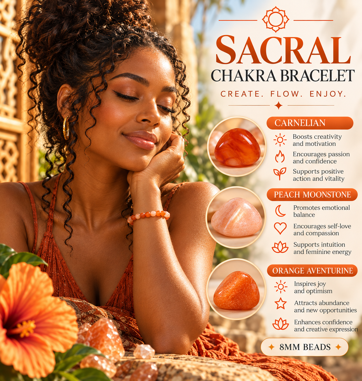 Sacral Chakra Crystal Bracelet | 8mm Carnelian, Peach Moonstone & Orange Aventurine