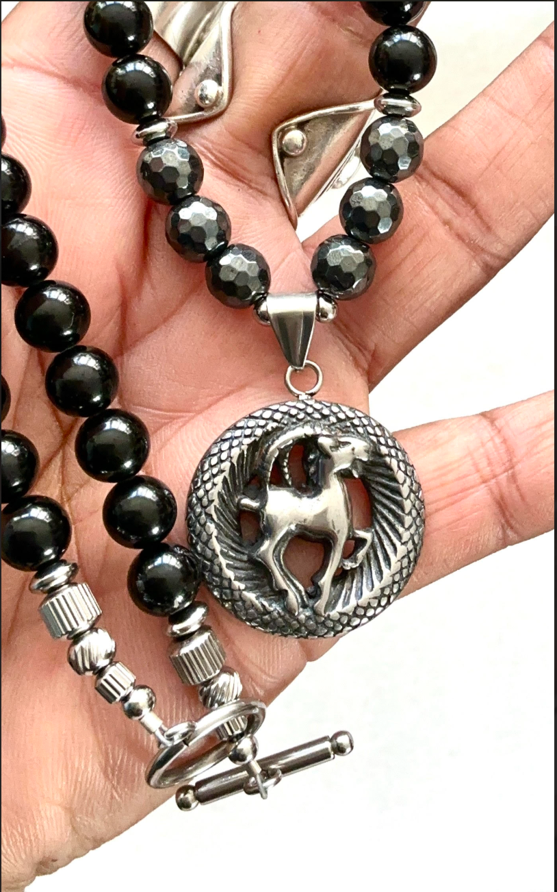 Black Tourmaline & Hematite Necklace with a Capricorn Pendant