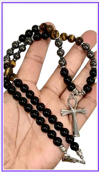 Handmade Tiger's Eye, Obsidian & Hematite Necklace with Ankh Necklace