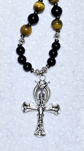 Handmade Tiger's Eye, Obsidian & Hematite Necklace with Ankh Pendant