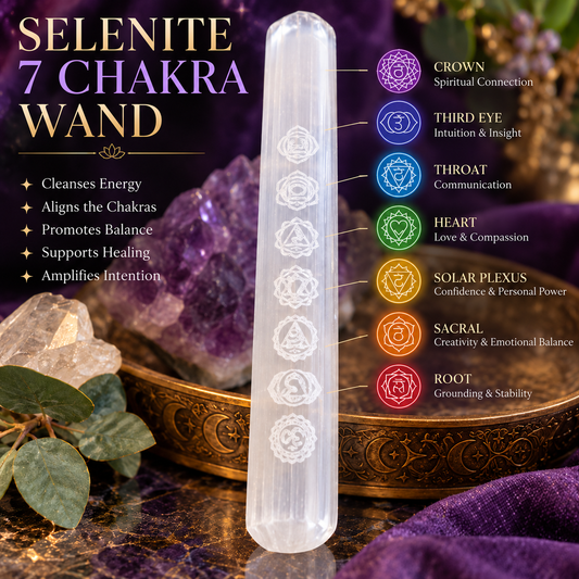 Selenite 7 Chakra Wand | Energy Cleansing & Crystal Healing