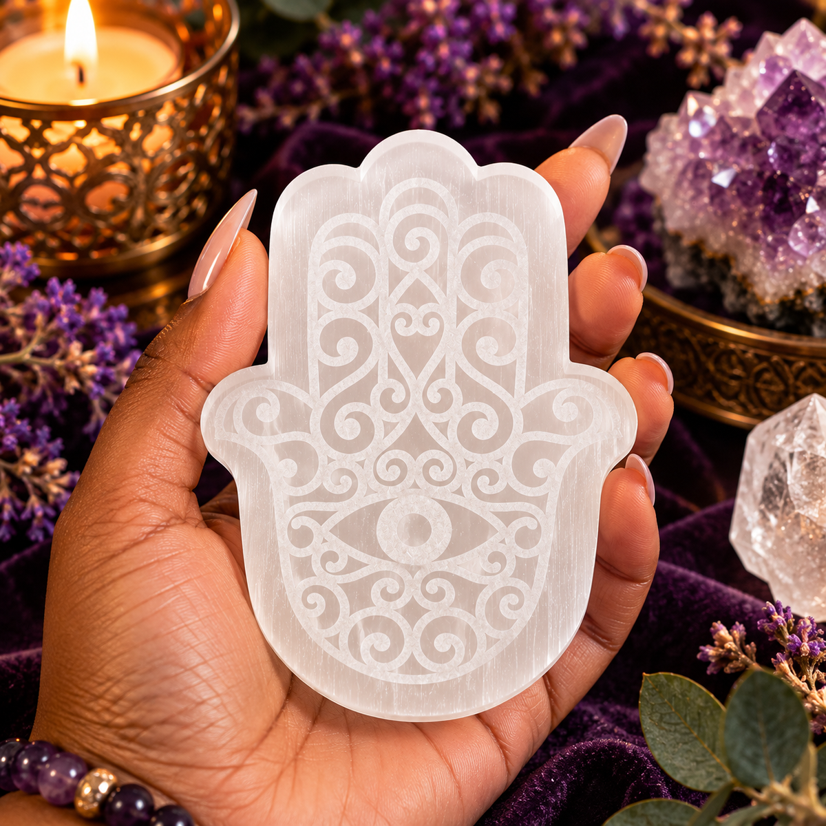 Selenite Hamsa Hand with Evil Eye | Energy Cleansing, Protection & Spiritual Harmony