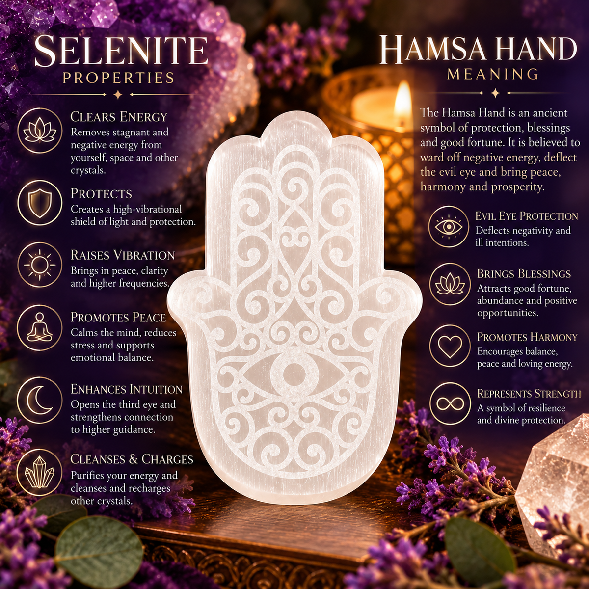 Selenite Hamsa Hand with Evil Eye | Energy Cleansing, Protection & Spiritual Harmony