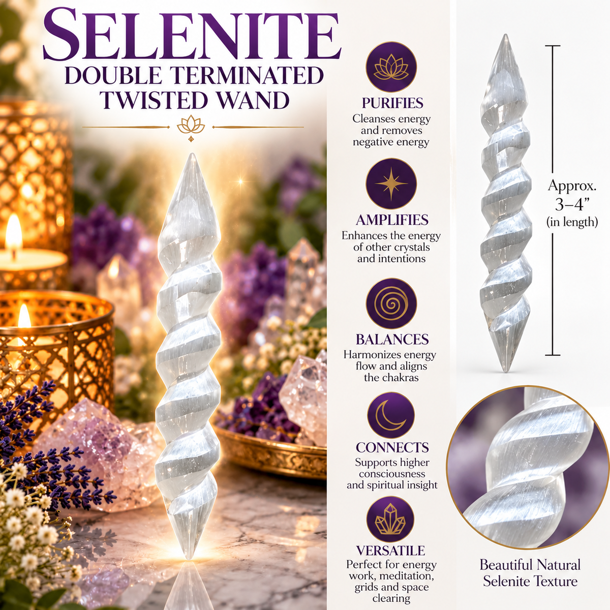 Selenite Double Terminated Twisted Wand | Energy Cleansing & Crystal Healing