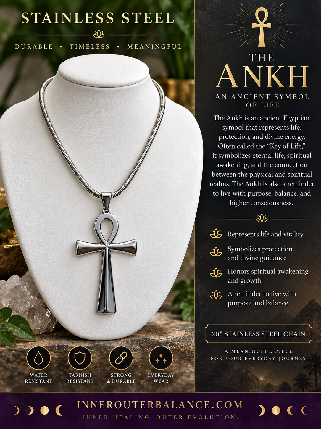 Large Stainless Steel Ankh Necklace | 20" Chain