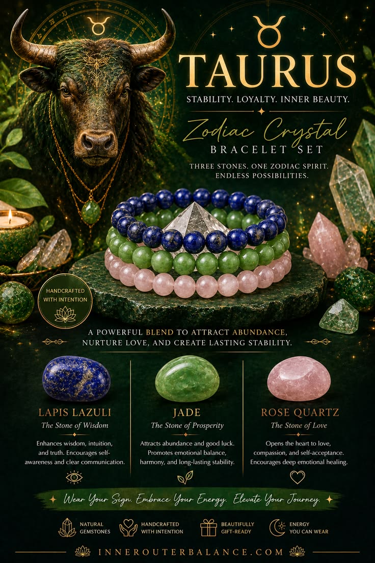 Taurus Zodiac Crystal Bracelet Set | Best Crystals for Stability, Abundance & Grounding