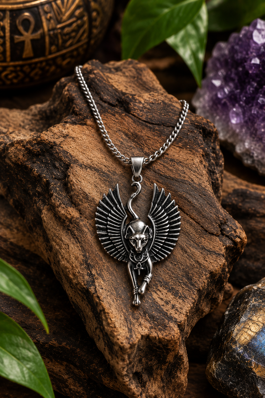 Winged Bastet Stainless Steel Necklace | 20" Chain