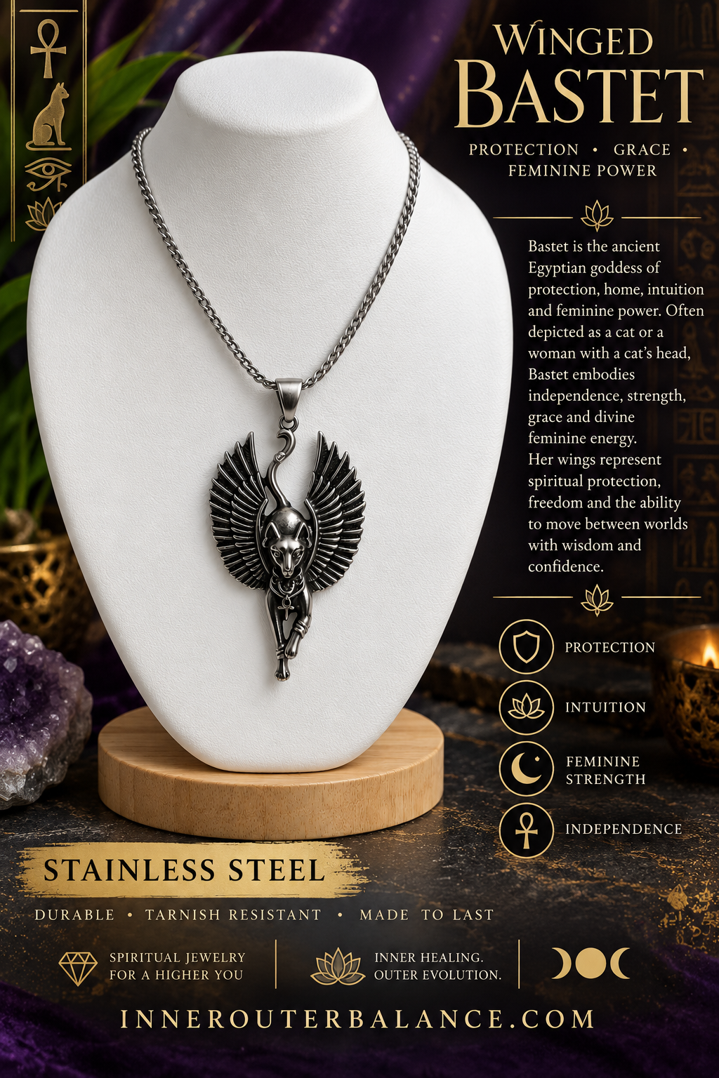 Winged Bastet Stainless Steel Necklace | 20" Chain