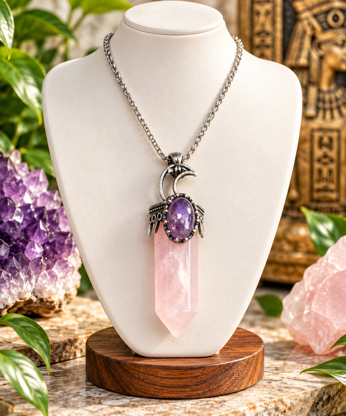 Rose Quartz & Amethyst Crescent Moon Crystal Point Necklace
