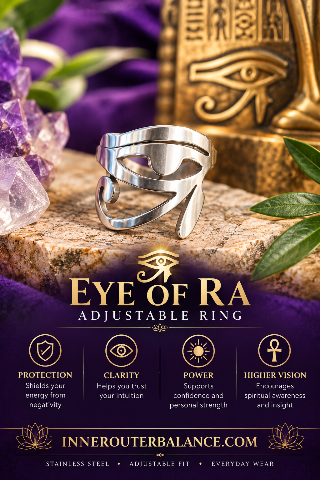 Eye of Ra Stainless Steel Adjustable Ring | Egyptian Protection Jewelry