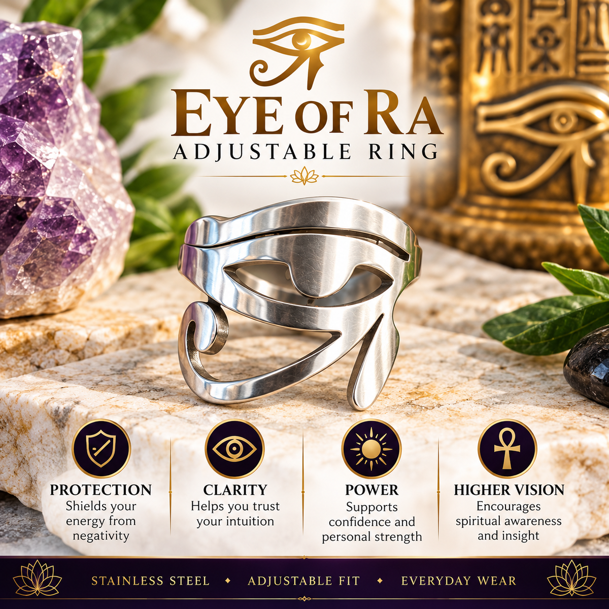Eye of Ra Stainless Steel Adjustable Ring | Egyptian Protection Jewelry