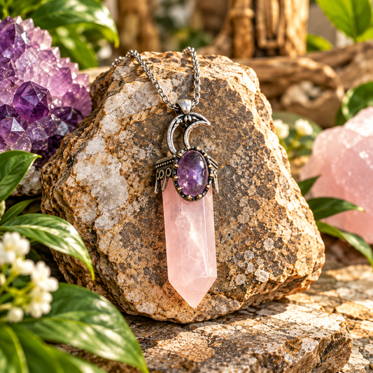 Rose Quartz & Amethyst Crescent Moon Crystal Point Necklace