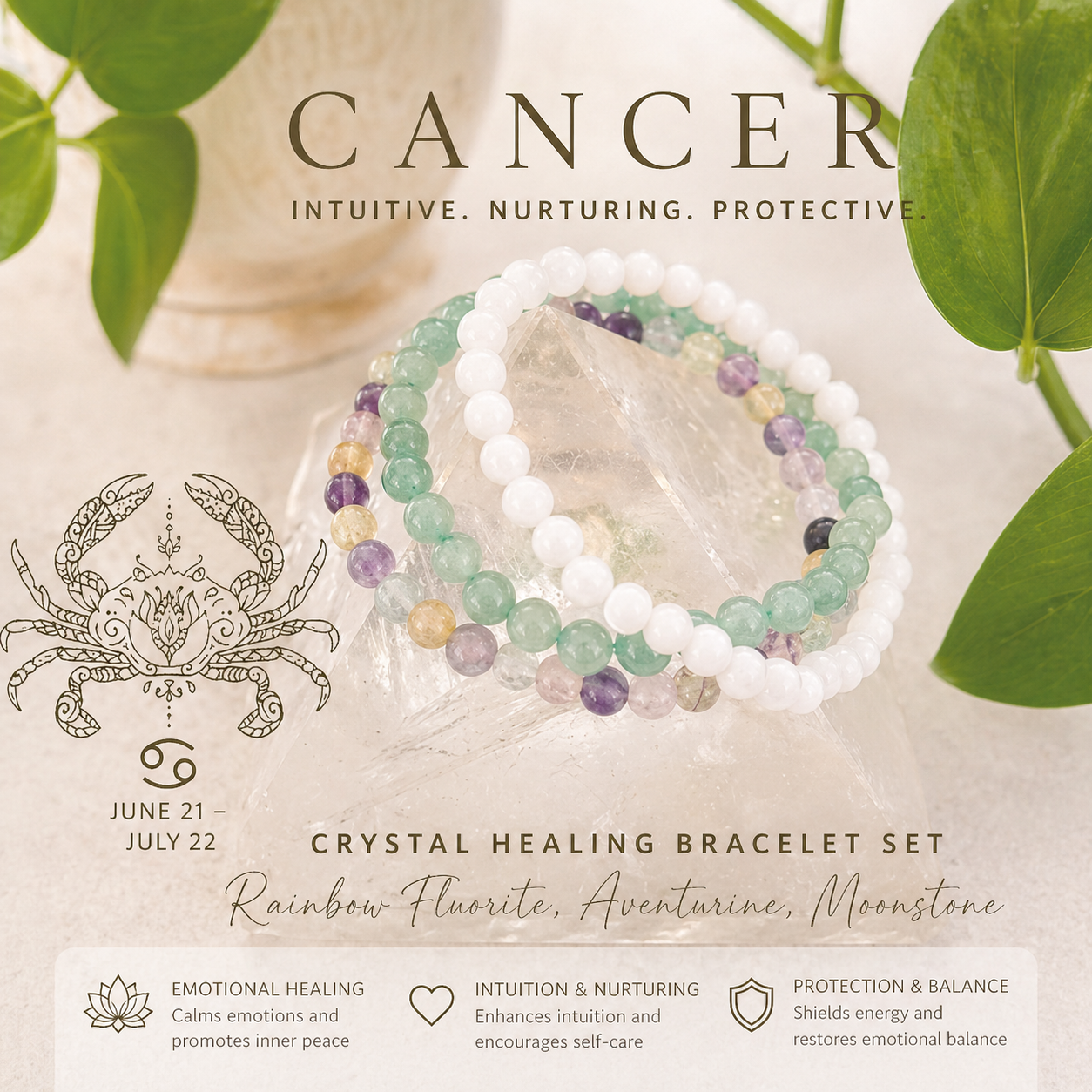 Cancer Zodiac Crystal Bracelet Set | Best Crystals for Emotional Healing, Intuition & Inner Peace