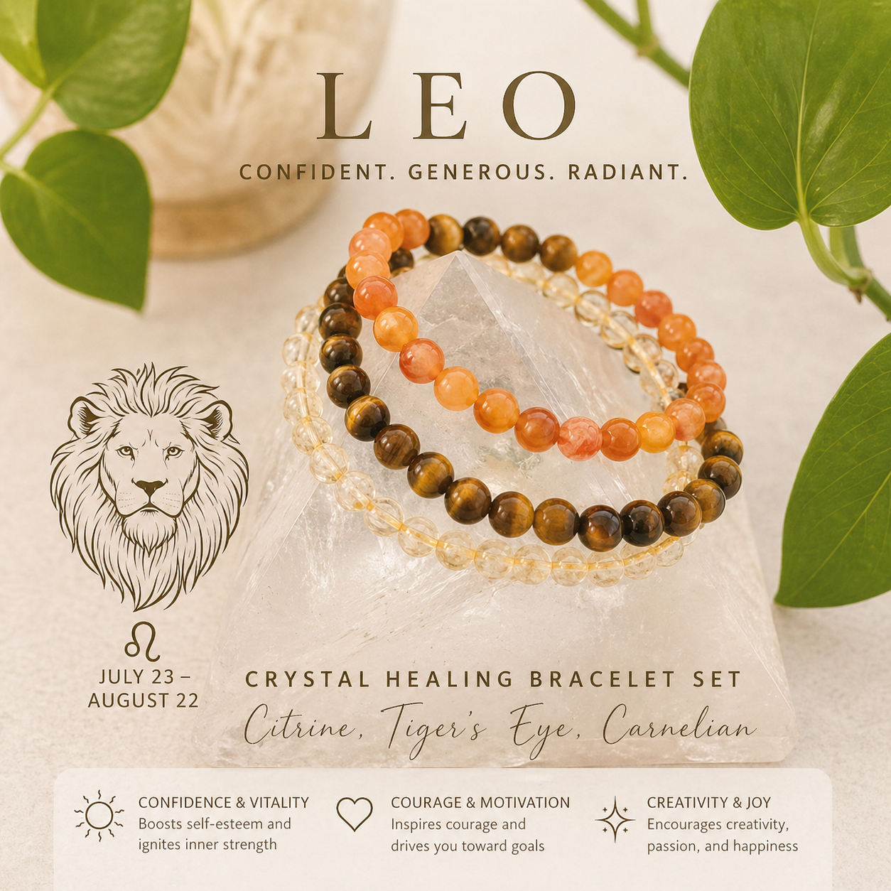 Leo Zodiac Crystal Bracelet Set | Best Crystals for Confidence, Leadership & Success