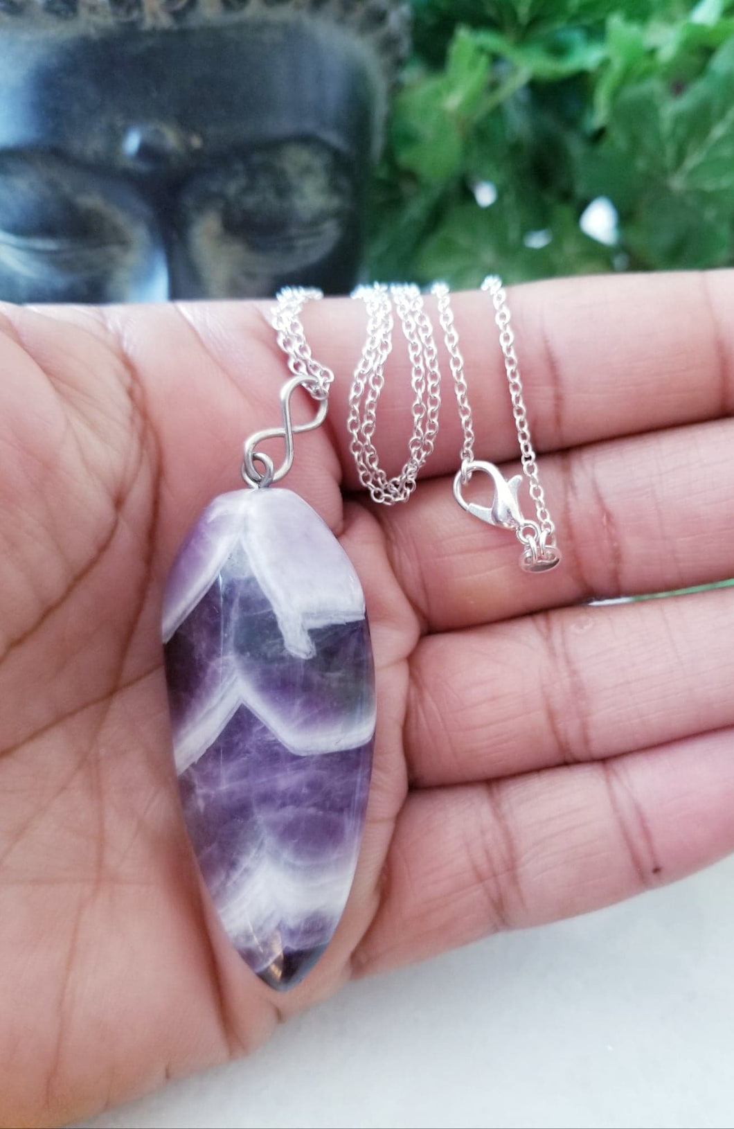 Chevron Amethyst Pendant with Silver Plated Necklace