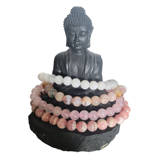 Love & Compassion Crystal Bracelet Set – Moonstone, Rose Quartz, Flower Agate & Rhodochrosite for Emotional Healing