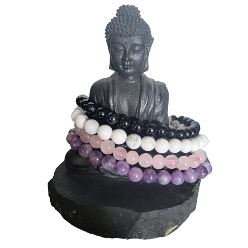 Stress & Anxiety Relief Crystal Bracelet Set – Black Tourmaline, Howlite, Rose Quartz & Lepidolite for Calm & Healing