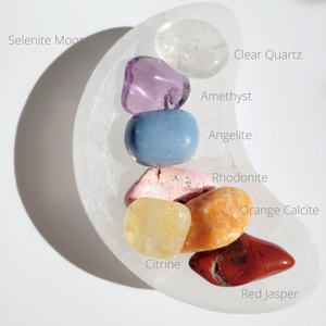 Selenite Moon Dish with 7 Chakra Crystal Set