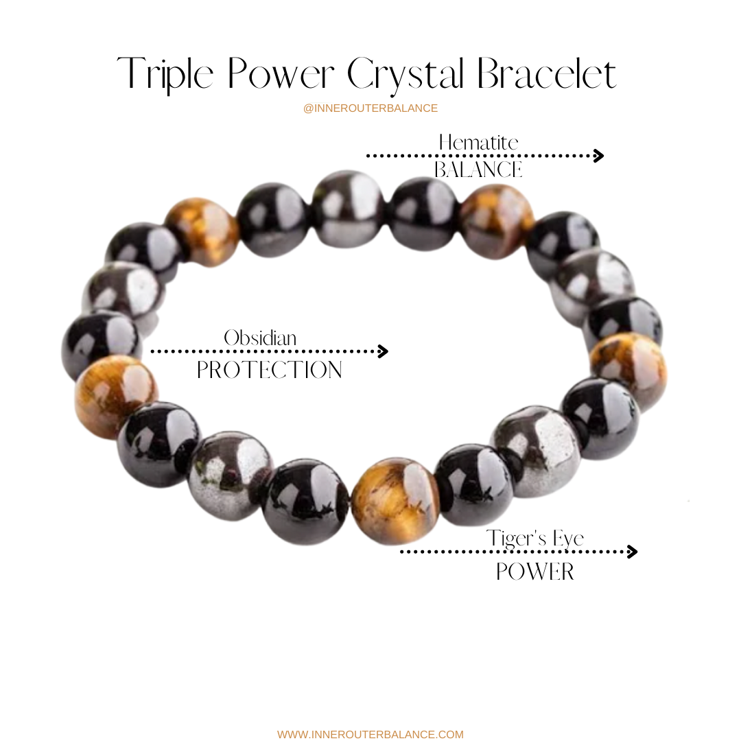 Triple Protection Bracelet – Tiger’s Eye, Hematite & Obsidian for Grounding, Energy Protection & Confidence