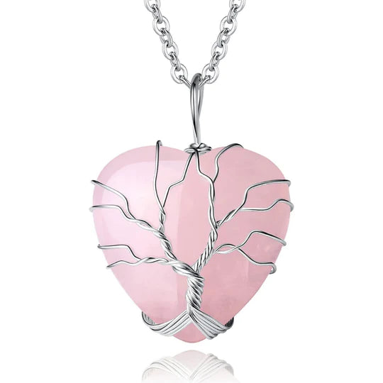 Rose Quartz Heart Tree of Life Necklace