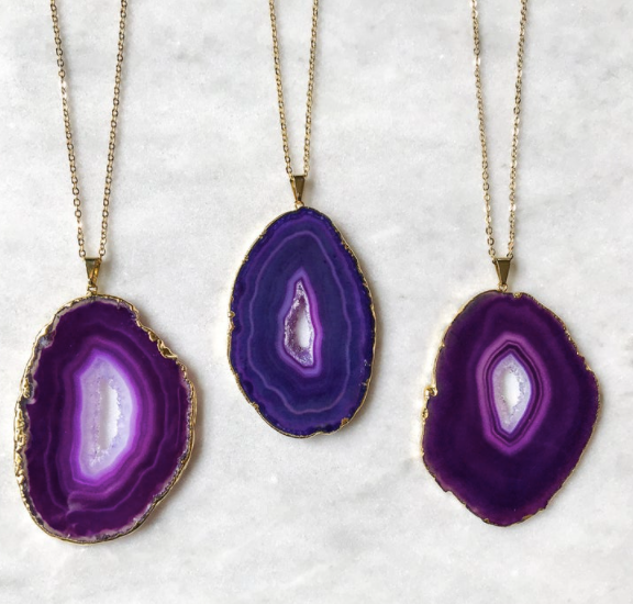 Gold Plated Purple Agate Pendant Necklace