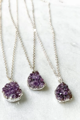 Petite Raw Amethyst Cluster Pendant with Silver Plated Necklace
